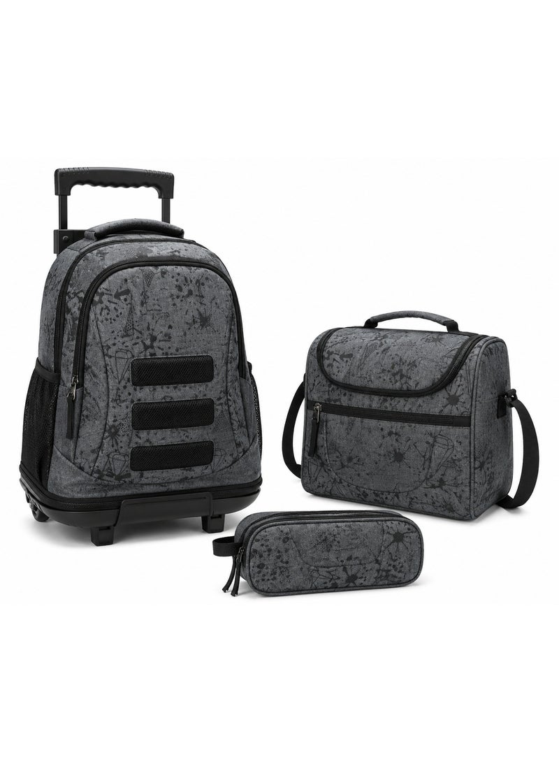 RENOVO 3-Piece Kids Rolling School Backpack Set – Wheeled Backpack with Lunch Bag & Pencil Case – Grey - Image 1