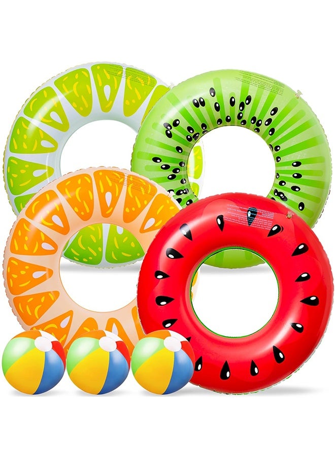 7Pcs Fruit Inflatable Pool Floats, 4Pcs 90CM Watermelon Kiwi Orange Lemon Swimming Rings with 3Pcs 35CM Beach Balls - Inflatable Tubes Floaties Toys for Kids Adults Beach Swimming Pool Party - Image 1