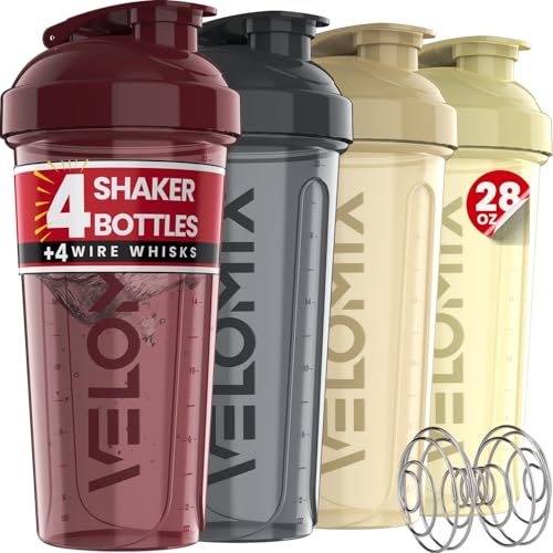 VELOMIX -4 PACK- 28 oz Protein Shaker Bottle for Protein Mixes - 4x Wire Whisk | Leak Proof Shaker Cups for Protein Shakes | Protein Shaker Bottle Pack | Protein Shake Cup (Burgundy Pack) - Image 1