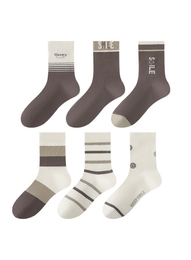 Yiershuang Women's Socks, Mid-calf Length, Spring And Summer, Odor-resistant, Breathable, Sweat-absorbing, Cute Cartoon Print, All-season Cotton Socks, 6 Pairs Per Pack