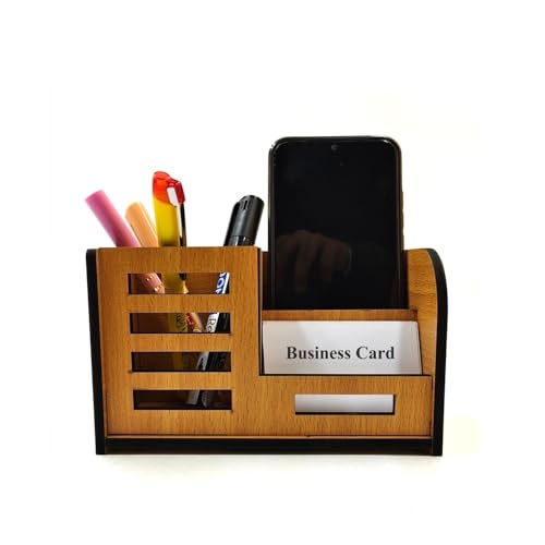 Woodkey Desk Organizer Pen stand With Visiting Card And Mobile Holder|Multipurpose Wooden Pen And Pencil Holder Stand For Office&Study Table, Desk Supplies Organisers (Bavarian Beech) - Image 1