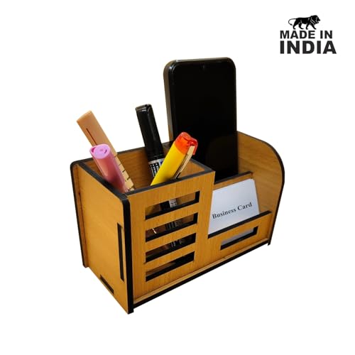 Woodkey Desk Organizer Pen stand With Visiting Card And Mobile Holder|Multipurpose Wooden Pen And Pencil Holder Stand For Office&Study Table, Desk Supplies Organisers (Bavarian Beech) - Image 3