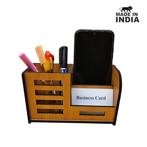 Woodkey Desk Organizer Pen stand With Visiting Card And Mobile Holder|Multipurpose Wooden Pen And Pencil Holder Stand For Office&Study Table, Desk Supplies Organisers (Bavarian Beech) - Image 2