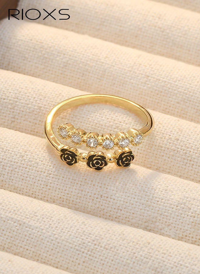 ريوكس خاتم مفتوح مطلي بالذهب مرصع بالزركونيا للنساء، تصميم نيش بتلات متدلية، خاتم متعدد الاستخدامات لإصبع السبابة - Image 5