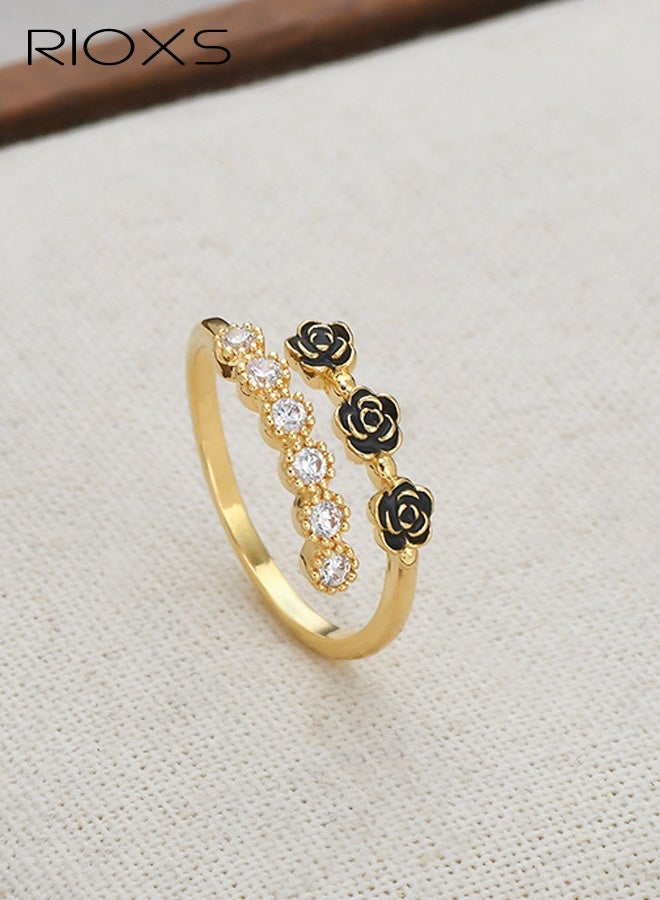 ريوكس خاتم مفتوح مطلي بالذهب مرصع بالزركونيا للنساء، تصميم نيش بتلات متدلية، خاتم متعدد الاستخدامات لإصبع السبابة - Image 1