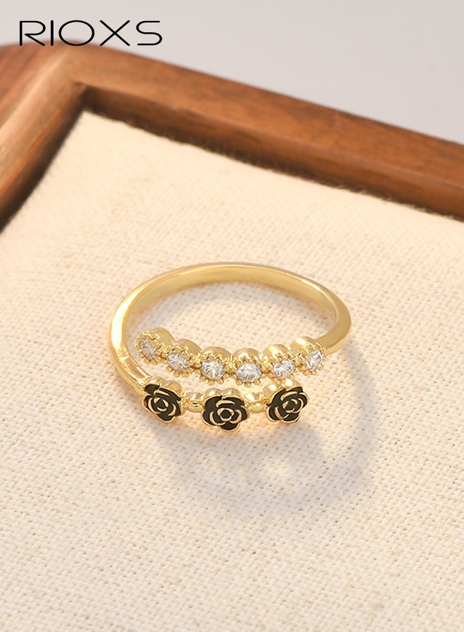 ريوكس خاتم مفتوح مطلي بالذهب مرصع بالزركونيا للنساء، تصميم نيش بتلات متدلية، خاتم متعدد الاستخدامات لإصبع السبابة - Image 3