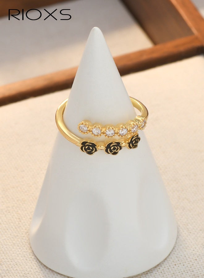 ريوكس خاتم مفتوح مطلي بالذهب مرصع بالزركونيا للنساء، تصميم نيش بتلات متدلية، خاتم متعدد الاستخدامات لإصبع السبابة - Image 2