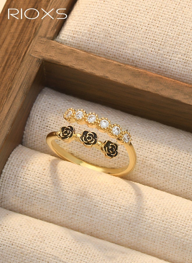 ريوكس خاتم مفتوح مطلي بالذهب مرصع بالزركونيا للنساء، تصميم نيش بتلات متدلية، خاتم متعدد الاستخدامات لإصبع السبابة - Image 4