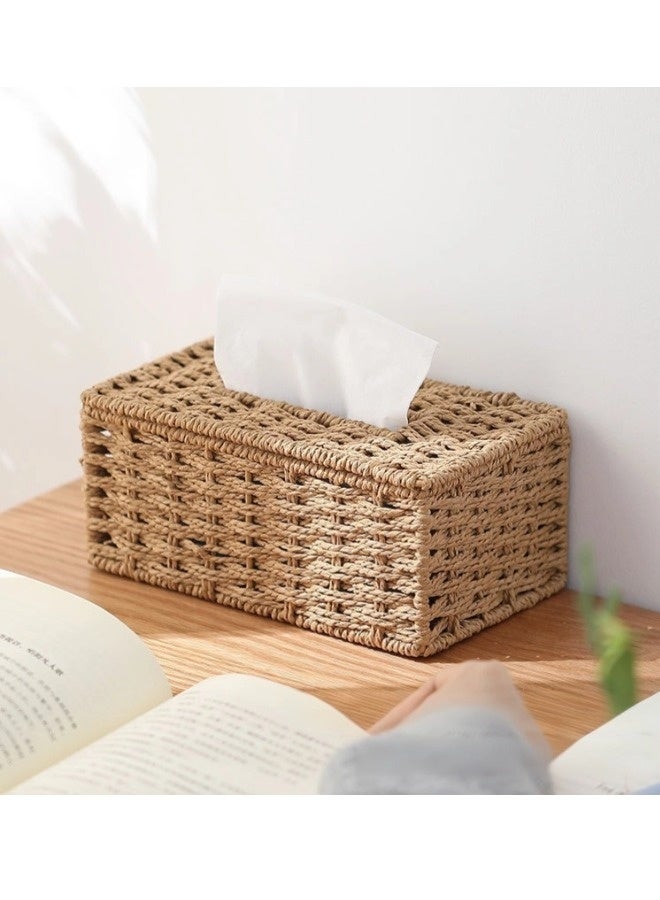 ShebSheb Hand-Woven Strawpaper Facial Tissue Box Cover, Rectangular Tissue Holder,Farmhouse Tissue Box Holder for Living Room, Bathroom Vanity, Countertops, and Cars,8.6" L x 4.72" W x 3.54" H - Image 1