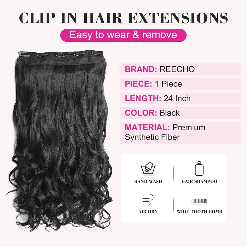 REECHO 24" 1-Pack 3/4 Full Head Curly Wave Clips in on Synthetic Hair Extensions Hairpieces for Women 5 Clips per Piece-Natural Black - Image 2