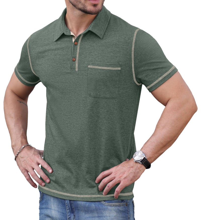 Sailwind Men's Short Sleeve Polo Shirts Casual Summer Classic Collared Golf Shirt with Pocket Green - Image 3