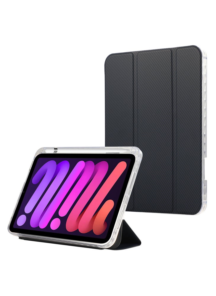 For iPad mini (2024)/mini (2021) Case Carbon Fiber Texture Leather+Clear Acrylic+TPU Stand Tablet Cover - Dark Blue - Image 1