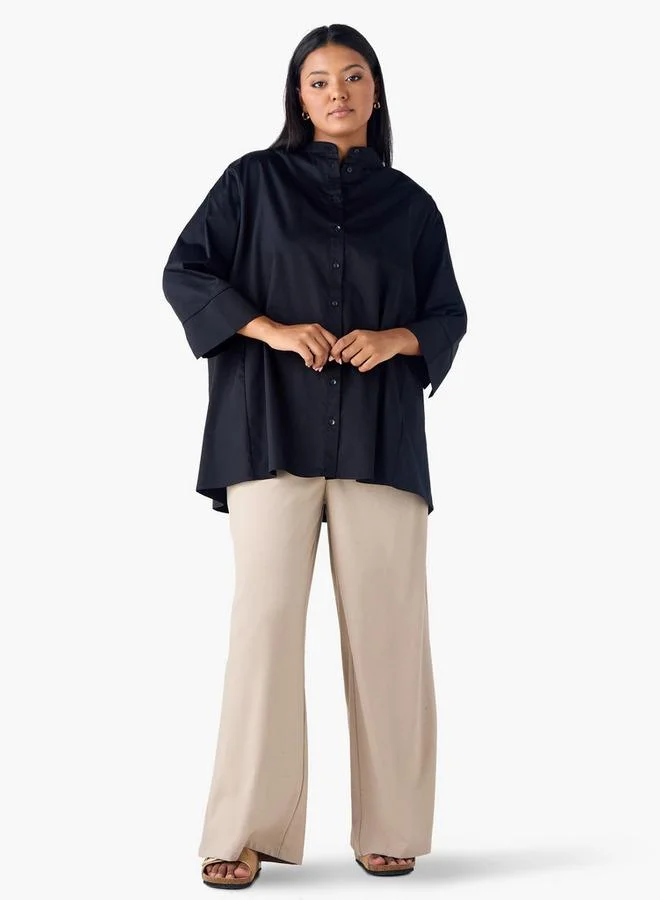 Ulla Popken Plus Size Ulla Popken Shirt with Mandarin Collar and 3/4 Sleeves