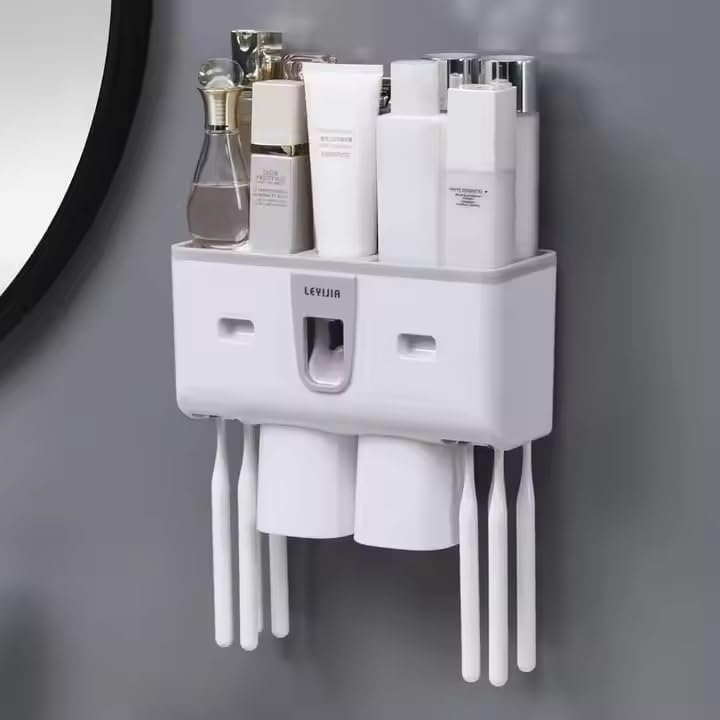 Nuvex Toothbrush Holder Wall Mounted, Multifunctional Toothbrush Organizer with Automatic Toothpaste Dispenser, 2 Magnetic Cups, 8 Brush Slots & 2 Storage Drawer for Bathroom, Washroom [White ] - Image 1