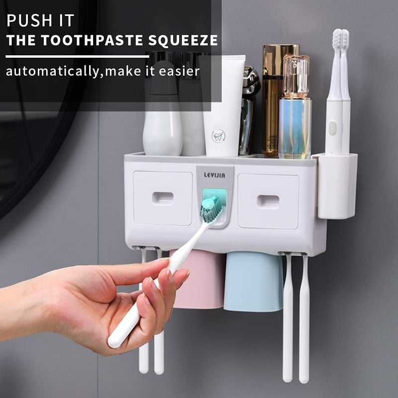 Nuvex Toothbrush Holder Wall Mounted, Multifunctional Toothbrush Organizer with Automatic Toothpaste Dispenser, 2 Magnetic Cups, 8 Brush Slots & 2 Storage Drawer for Bathroom, Washroom [White ] - Image 4