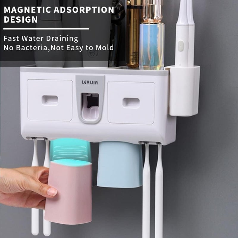 Nuvex Toothbrush Holder Wall Mounted, Multifunctional Toothbrush Organizer with Automatic Toothpaste Dispenser, 2 Magnetic Cups, 8 Brush Slots & 2 Storage Drawer for Bathroom, Washroom [White ] - Image 3