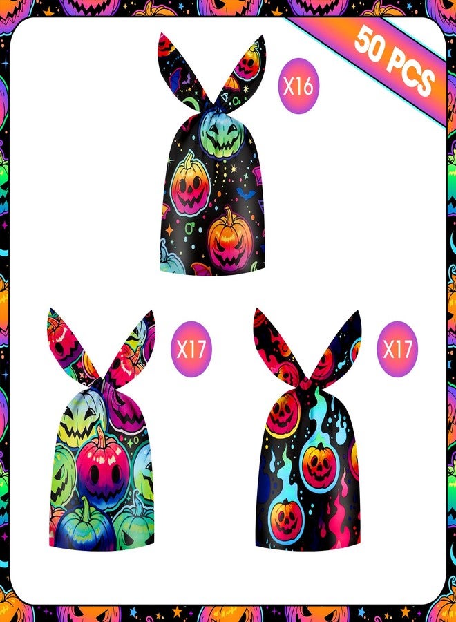 Litmitfu 50 Pcs Halloween Goodie Bags - Happy Halloween Treat Bags, Halloweens Pumpkin Plastic Gift Bag Bulk, Cute Rabbit Ear Candy Goody Bags for Kids Helloween Party Decorations Favors Birthday Supplies - Image 4