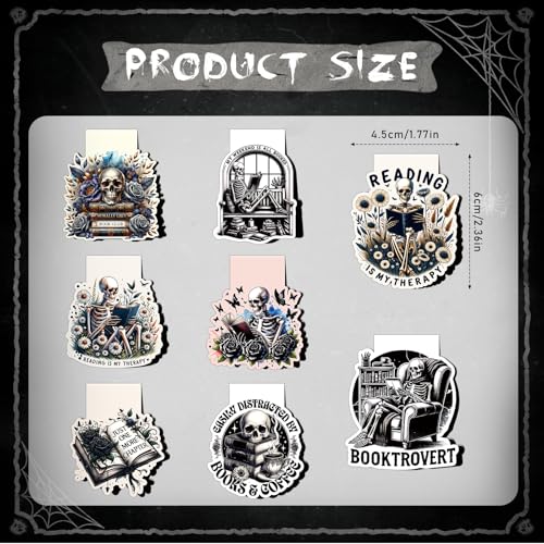Wxiben Skeleton Reading Bookmark Magnetic - 8 Pcs Gothic Skeleton Bookmarks Magnets Horror Skull Flower Book Marks Page Magnets Marker Clip Gift for Women Men Students Teacher Book Lovers Reading - Image 2