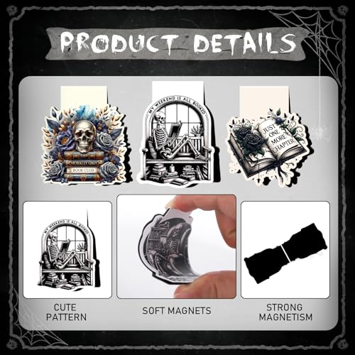 Wxiben Skeleton Reading Bookmark Magnetic - 8 Pcs Gothic Skeleton Bookmarks Magnets Horror Skull Flower Book Marks Page Magnets Marker Clip Gift for Women Men Students Teacher Book Lovers Reading - Image 3
