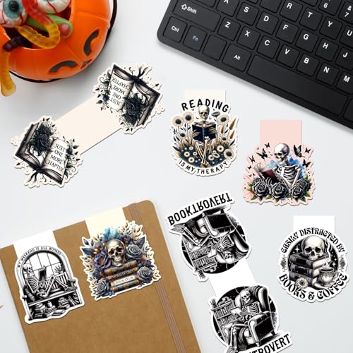 Wxiben Skeleton Reading Bookmark Magnetic - 8 Pcs Gothic Skeleton Bookmarks Magnets Horror Skull Flower Book Marks Page Magnets Marker Clip Gift for Women Men Students Teacher Book Lovers Reading - Image 5