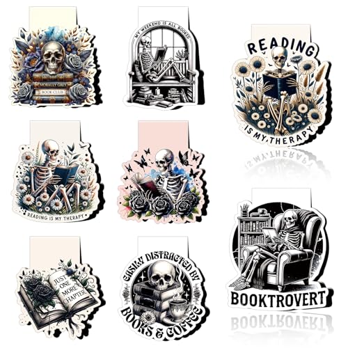 Wxiben Skeleton Reading Bookmark Magnetic - 8 Pcs Gothic Skeleton Bookmarks Magnets Horror Skull Flower Book Marks Page Magnets Marker Clip Gift for Women Men Students Teacher Book Lovers Reading - Image 1