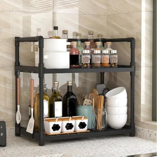 Delavala 2 Tier Countertop Organizer Bathroom Shelf | Space Saving Kitchen Storage Standing Rack | for Cosmetics, Stationary and Jars Organization Oven Stand| Compact & Convenient (2 Step, Black) - Image 1