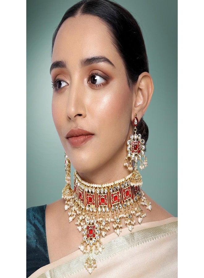 Peora Gold Plated Red Meenakari Bridal Choker Necklace Dangler Earring Jewellery Set Gift for Women - Image 3