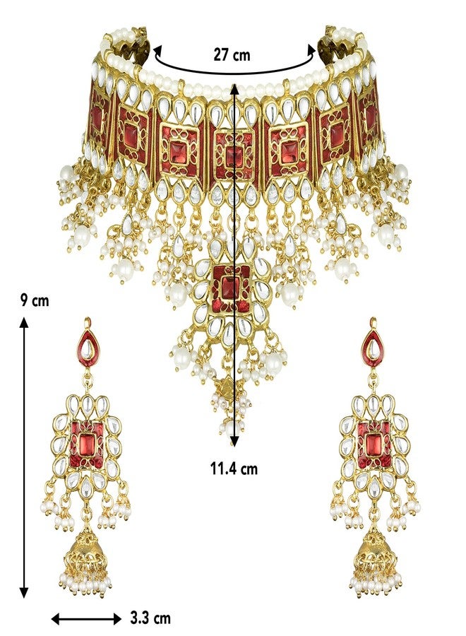 Peora Gold Plated Red Meenakari Bridal Choker Necklace Dangler Earring Jewellery Set Gift for Women - Image 4