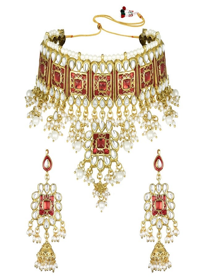 Peora Gold Plated Red Meenakari Bridal Choker Necklace Dangler Earring Jewellery Set Gift for Women - Image 5