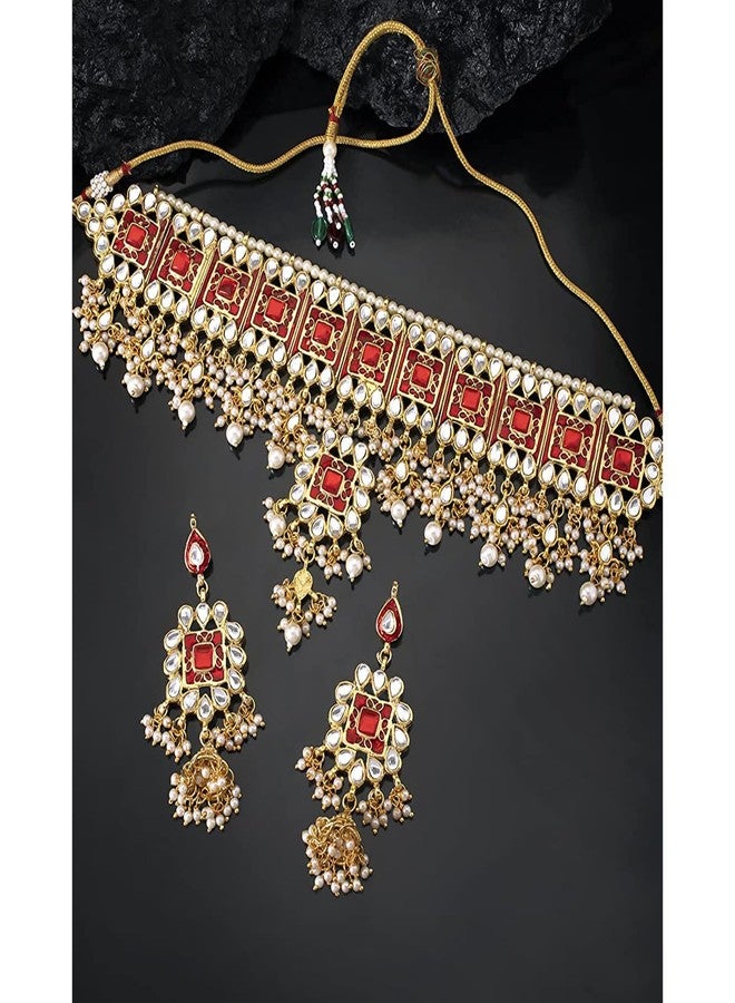 Peora Gold Plated Red Meenakari Bridal Choker Necklace Dangler Earring Jewellery Set Gift for Women - Image 2