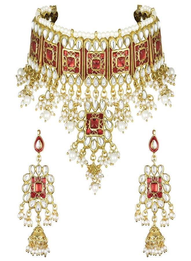 Peora Gold Plated Red Meenakari Bridal Choker Necklace Dangler Earring Jewellery Set Gift for Women - Image 1