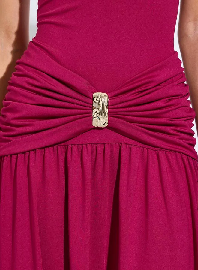 Styli  Burgundy Ruched Buckle-Detail A-Line Maxi Dress for Women | Best Price UAE