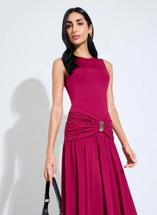 Styli  Burgundy Ruched Buckle-Detail A-Line Maxi Dress for Women | Best Price UAE