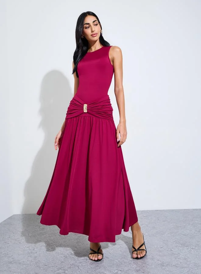 Burgundy Ruched Buckle-Detail A-Line Maxi Dress