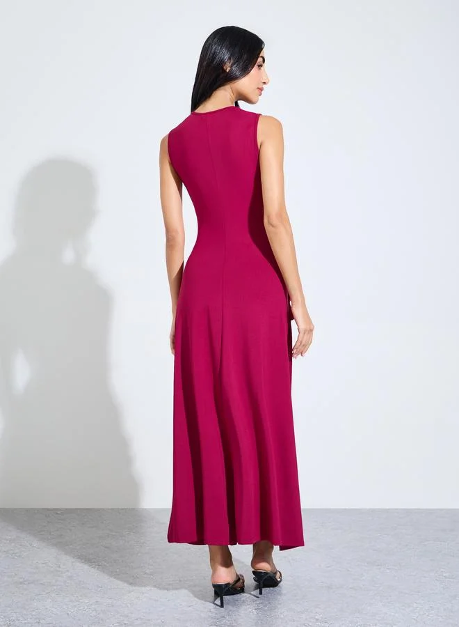 Styli  Burgundy Ruched Buckle-Detail A-Line Maxi Dress for Women | Best Price UAE