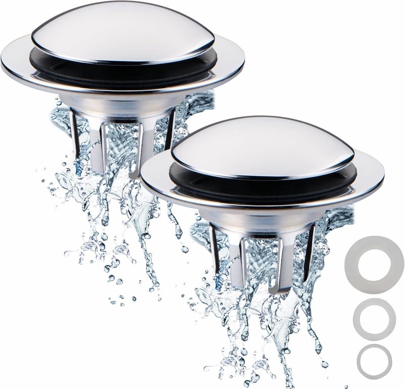 WELSAN Chrome Bathroom Sink Drain Stopper, Universal Pop-Up Drain Stopper Plug Strainer with Hair Catcher for 1 1/8"-1 1/2" Drain Hole-2 Pack - Image 1