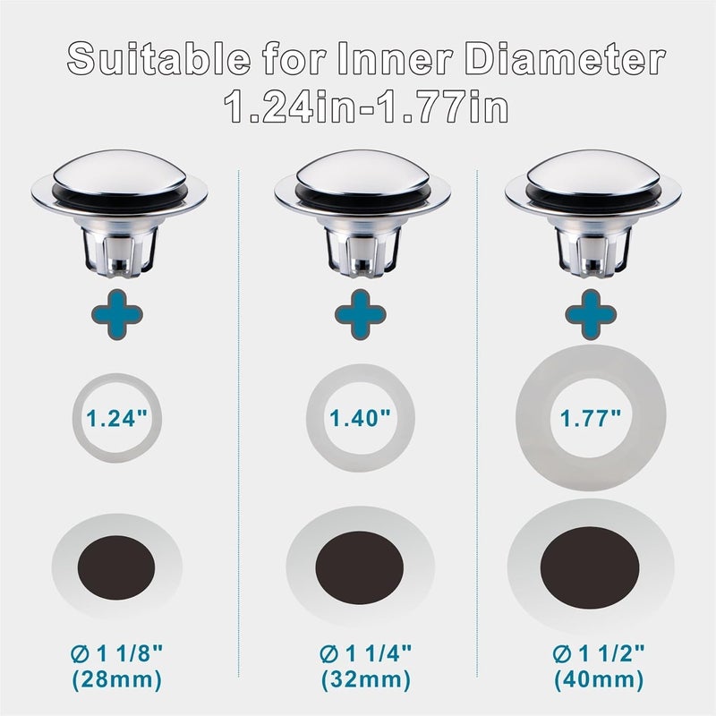 WELSAN Chrome Bathroom Sink Drain Stopper, Universal Pop-Up Drain Stopper Plug Strainer with Hair Catcher for 1 1/8"-1 1/2" Drain Hole-2 Pack - Image 4