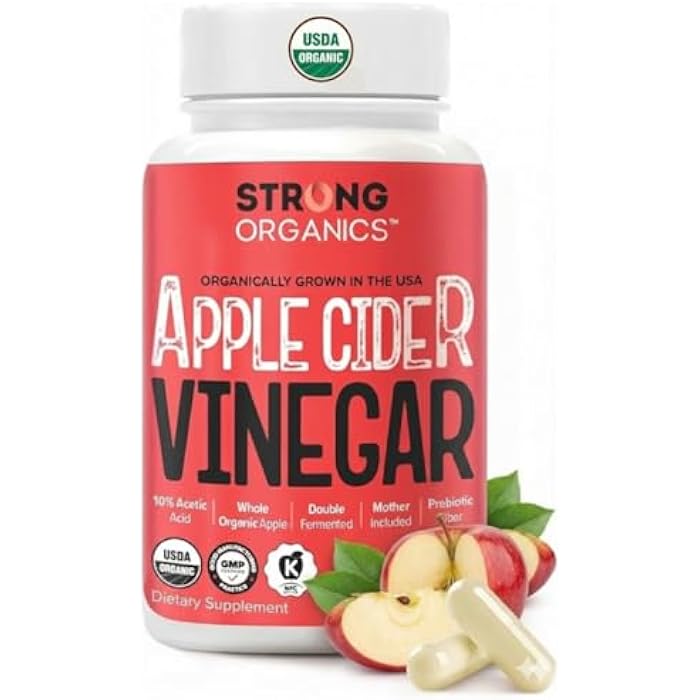 Strong Organics Apple Cider Vinegar Caps with Mother (10% Acetic Acid-Double Strength) – USA Grown Organic Apples – Digestion & Bloating Support – Keto, Vegan, Kosher – 120 Count - Image 1