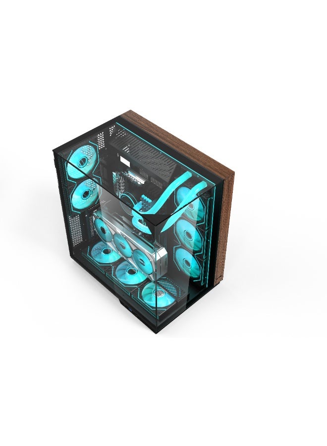 أيسر كيس كمبيوتر V333BK، كيس كمبيوتر ATX، ألواح زجاج مقسّى علوية وأمامية وجانبية، 8 مراوح RGB مثبتة مسبقًا مع ريموت كنترول، هيكل فولاذ SPCC، 3 منافذ USB، يدعم لوحات ATX / M-ATX / ITX، مع دعم مراوح خلفية وسفلية وجانبية، كيس ألعاب خشبي أسود - Image 2