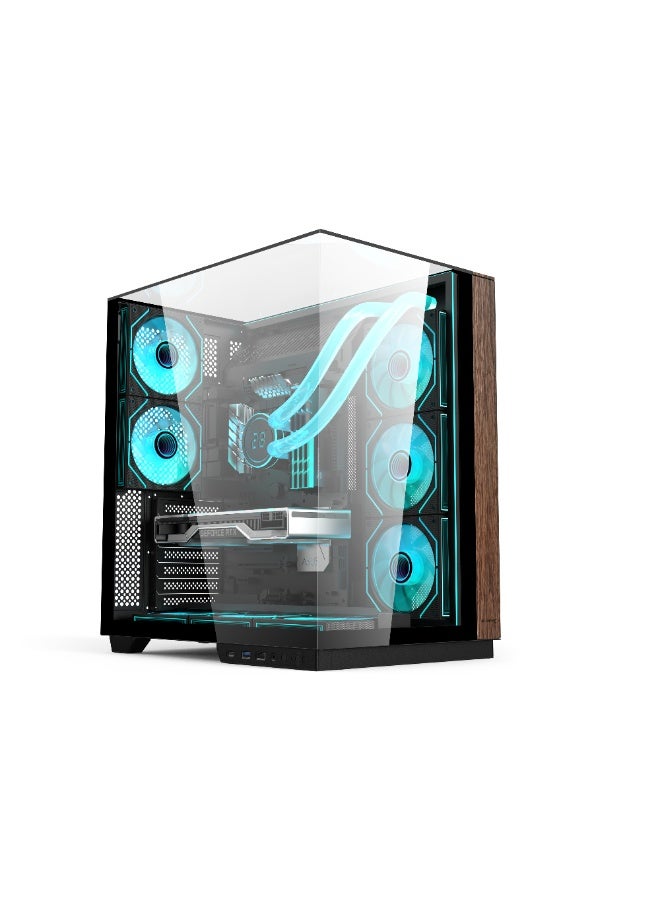 أيسر كيس كمبيوتر V333BK، كيس كمبيوتر ATX، ألواح زجاج مقسّى علوية وأمامية وجانبية، 8 مراوح RGB مثبتة مسبقًا مع ريموت كنترول، هيكل فولاذ SPCC، 3 منافذ USB، يدعم لوحات ATX / M-ATX / ITX، مع دعم مراوح خلفية وسفلية وجانبية، كيس ألعاب خشبي أسود - Image 4