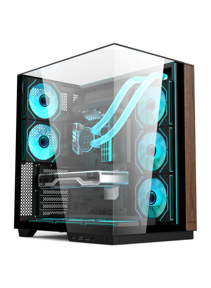 أيسر كيس كمبيوتر V333BK، كيس كمبيوتر ATX، ألواح زجاج مقسّى علوية وأمامية وجانبية، 8 مراوح RGB مثبتة مسبقًا مع ريموت كنترول، هيكل فولاذ SPCC، 3 منافذ USB، يدعم لوحات ATX / M-ATX / ITX، مع دعم مراوح خلفية وسفلية وجانبية، كيس ألعاب خشبي أسود - Image 1