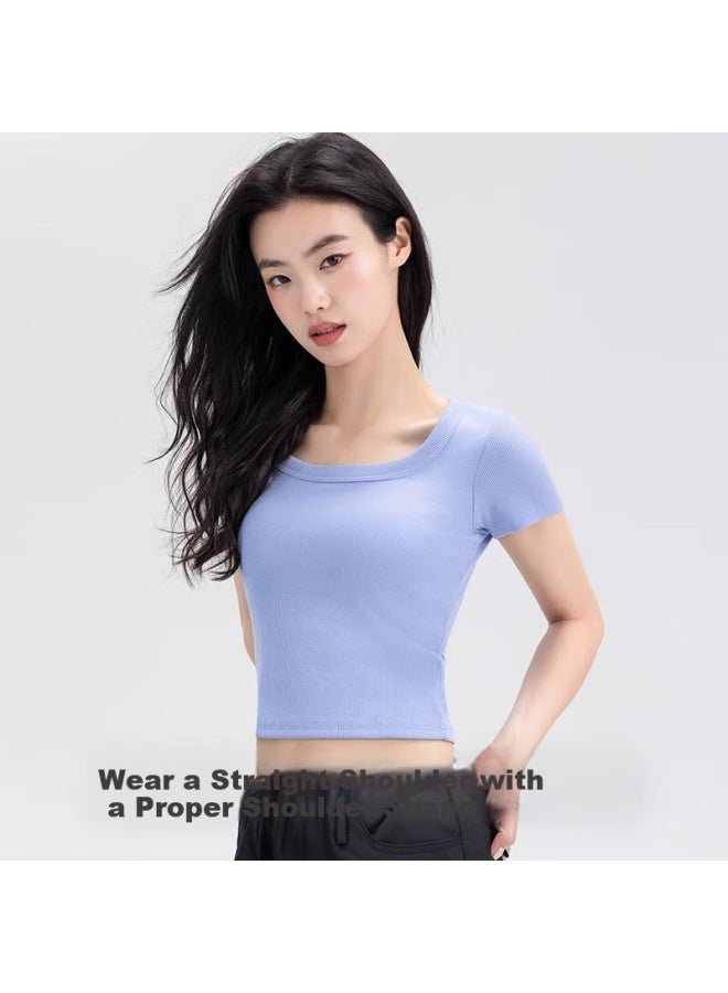 Don't speak Casual T-shirt With Chest Pad Solid Color Short Sleeve Square Neck No Bra Short Style Crop Top White L - Image 4