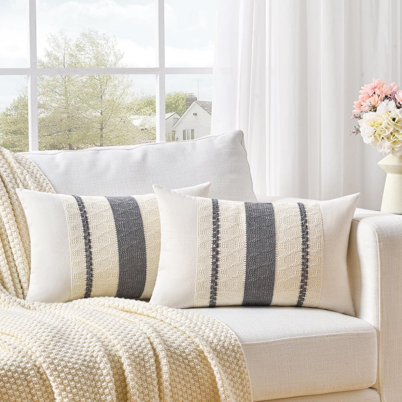 Fancy Homi Set of 2 Neutral Grey Farmhouse Lumbar Decorative Throw Pillow Covers 12x20 Inch for Couch Bed Chair Vintage Country Rustic Retro Room Decor Soft Thick Cotton Rectangle Cushion Case