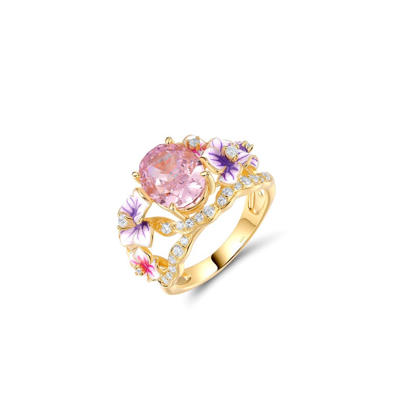 Santuzza 925 Sterling Silver Lily Ring Pink Cubic Zirconia Enamel Pink & Purple Flowers Statement Ring for Women (6) - Image 1