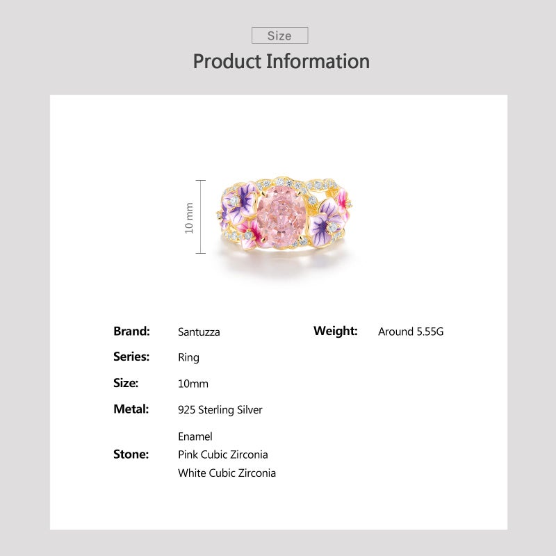 Santuzza 925 Sterling Silver Lily Ring Pink Cubic Zirconia Enamel Pink & Purple Flowers Statement Ring for Women (6) - Image 4