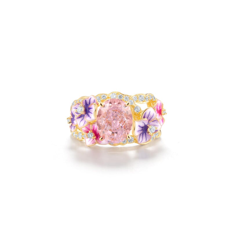 Santuzza 925 Sterling Silver Lily Ring Pink Cubic Zirconia Enamel Pink & Purple Flowers Statement Ring for Women (6) - Image 2