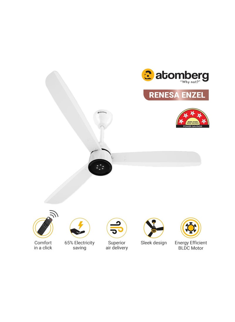 Generic - atomberg Renesa Enzel 1200mm BLDC Ceiling Fan with Remote Control | BEE 5 star Rated Energy Efficient Ceiling Fan | High Air Delivery with LED Indicators | 1+1 Year Warranty (Gloss White) - Image 1