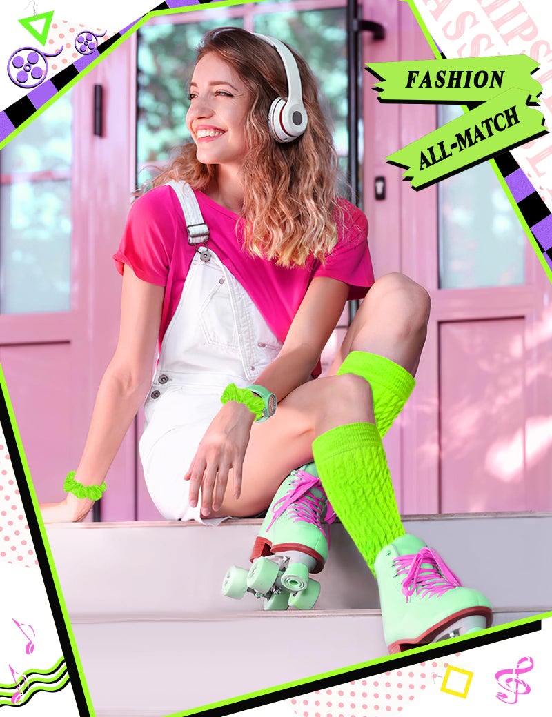WILLBASIC 80s Costume Accessories for Women Neon Scrunch Socks Hair Scrunchies Earrings for 80s Retro Party Halloween(Hot Pink,Green,Blue) - Image 2