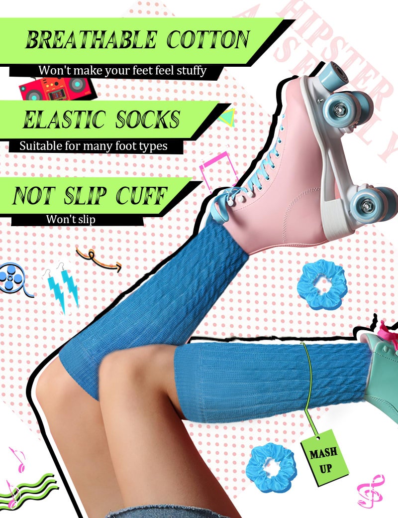 WILLBASIC 80s Costume Accessories for Women Neon Scrunch Socks Hair Scrunchies Earrings for 80s Retro Party Halloween(Hot Pink,Green,Blue) - Image 4