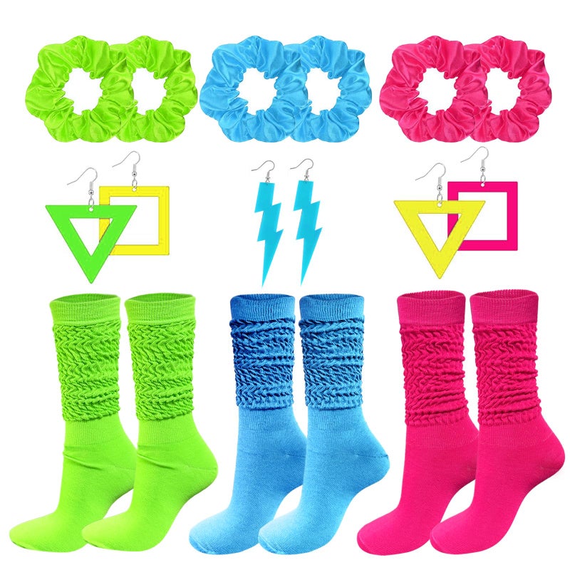 WILLBASIC 80s Costume Accessories for Women Neon Scrunch Socks Hair Scrunchies Earrings for 80s Retro Party Halloween(Hot Pink,Green,Blue) - Image 1
